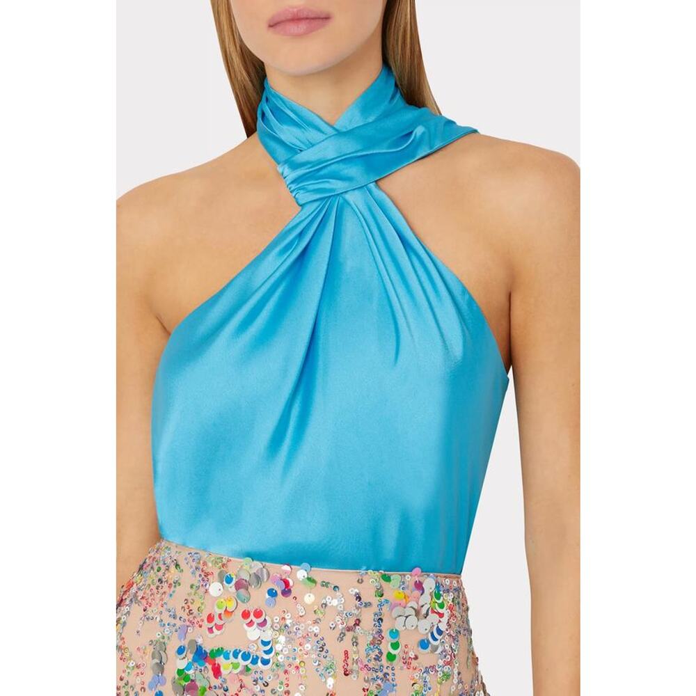MILLY Jen Satin Halter Top in Sky Blue Medium M NWT Luxe Resort Neo Minimalism